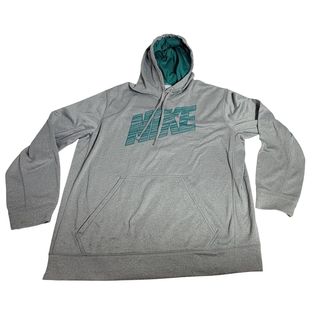 Nike Mens Therma-FIT Hoodie Gray Teal Graphic Logo Pullover Sweatshirt XL